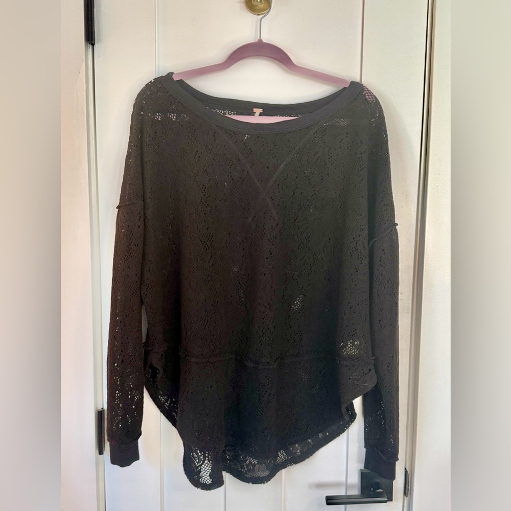 Free People Charcoal Open-Knit Oversized Sweater Reversible Hi-Low Size M